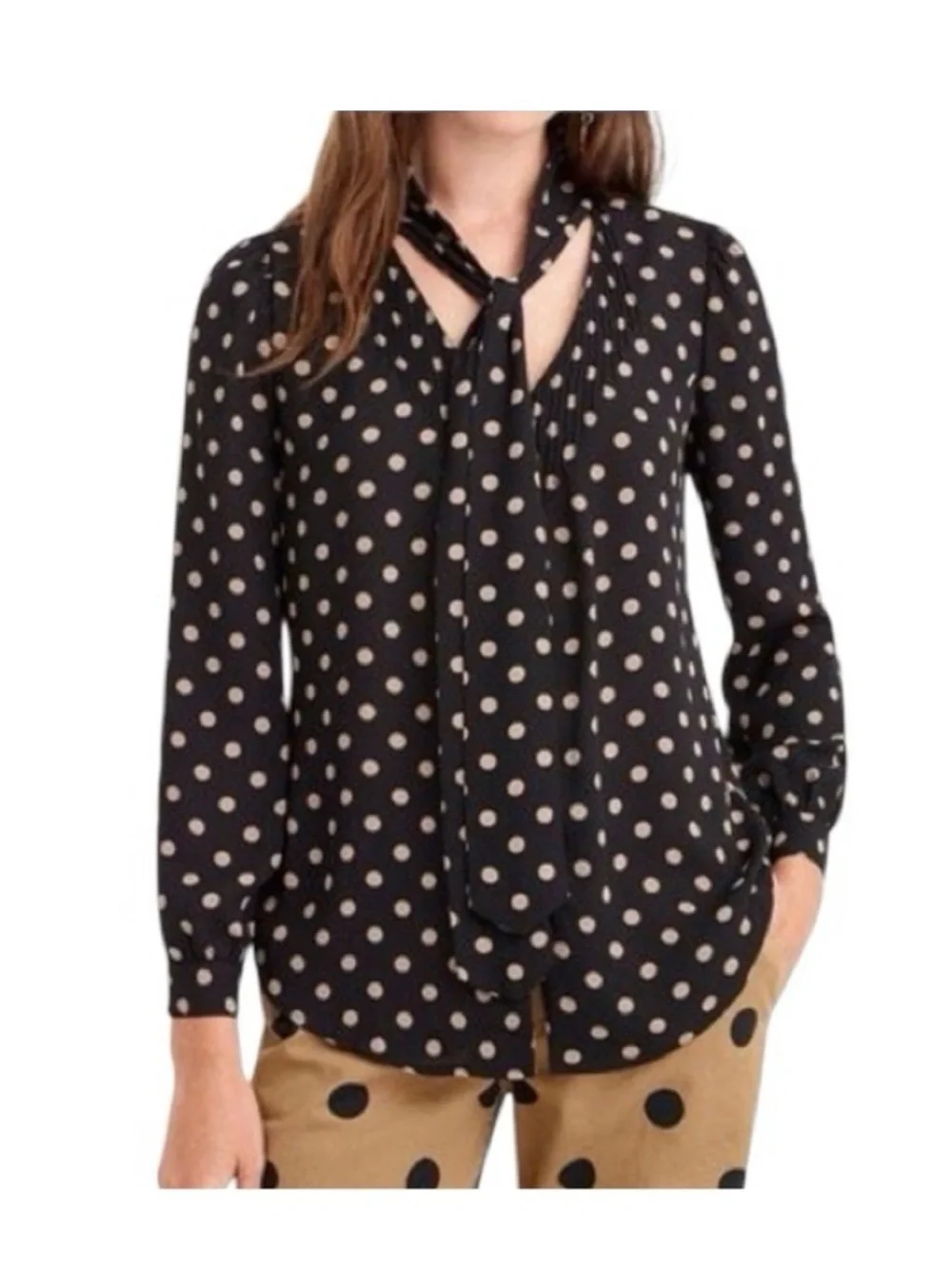 J.Crew 365 Polka Dot Tie Neck Pintuck Pleat Blouse |  Black Tan | Size 10